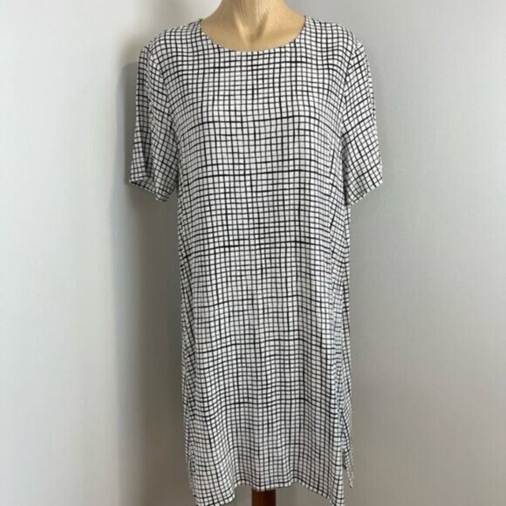 Eileen Fisher Bateau Neck Grid Print Short Sleeve BoneBlack Dress Size Small
